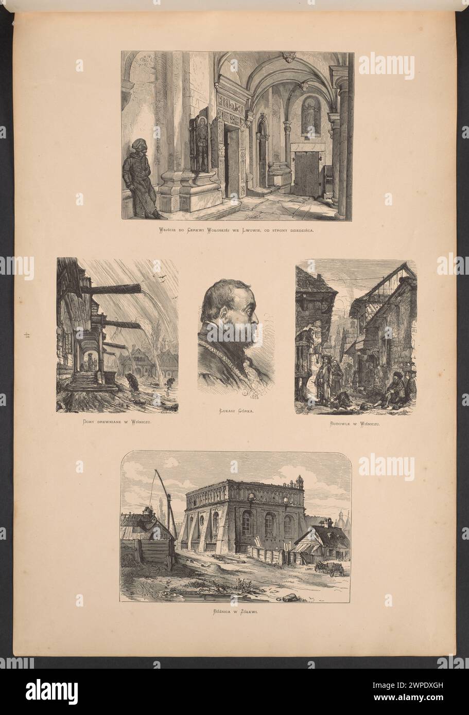 Illustrazione di entrare nella chiesa di Wośka a Leopoli con le case di legno circostanti e gli edifici della Vistola, documentata nel 1876 da diversi artisti tra cui Matejko e Lewental. Foto Stock