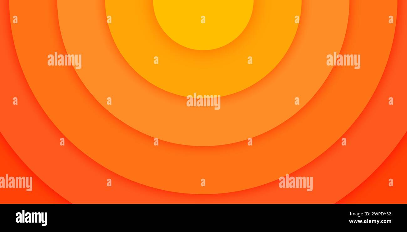 Striscioni circolari concentrici arancioni in stile taglio carta. Sole, luce solare intensa, alba, tramonto o tramonto sullo sfondo. Increspature, impatto, onda sonar, epicentro, sfondo radar. Illustrazione vettoriale Illustrazione Vettoriale