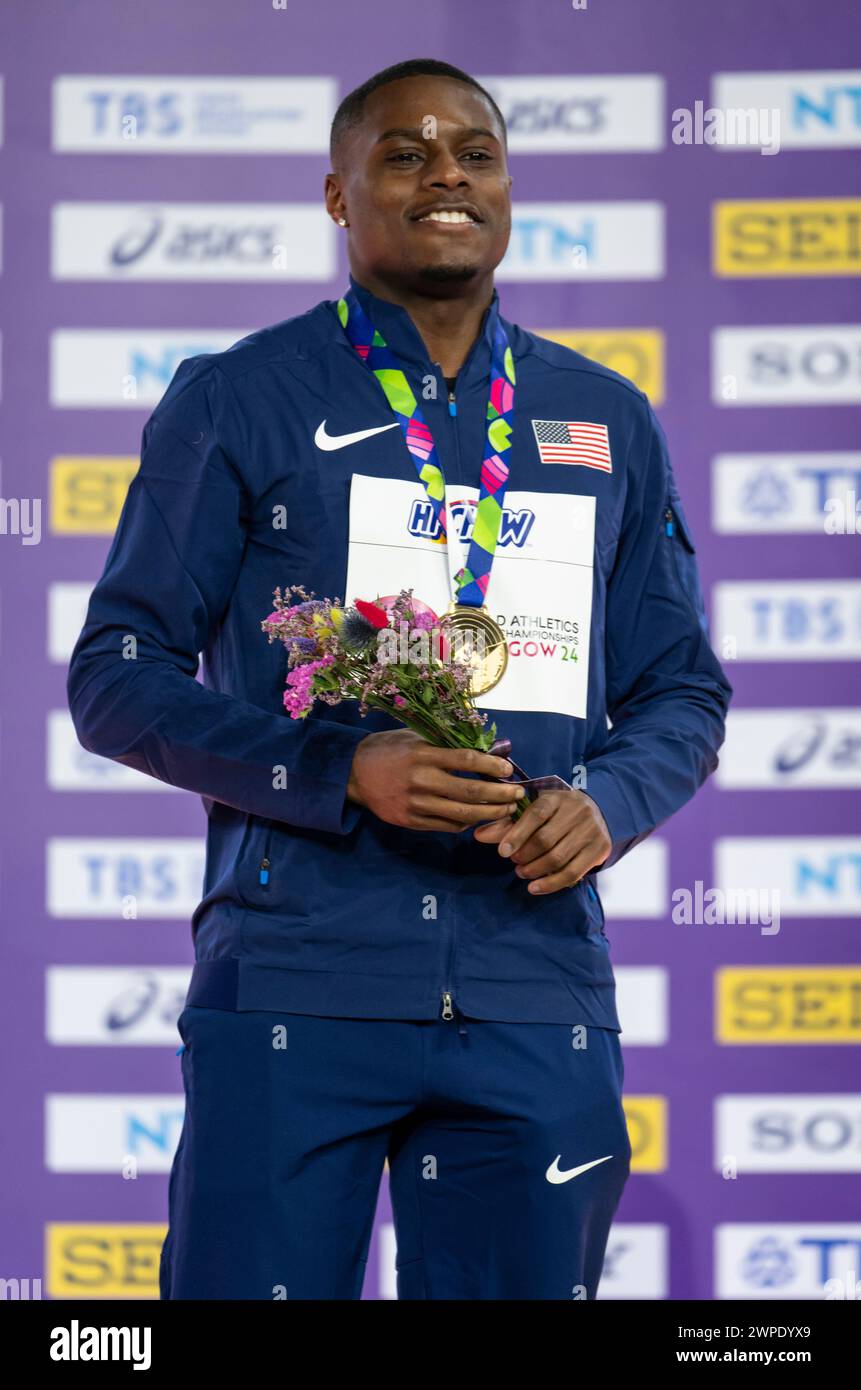 Christian Coleman degli Stati Uniti medaglia d'oro nei 60m maschili ai Campionati mondiali di atletica leggera indoor, Emirates Arena, Glasgow, Scozia Regno Unito. 1 Foto Stock