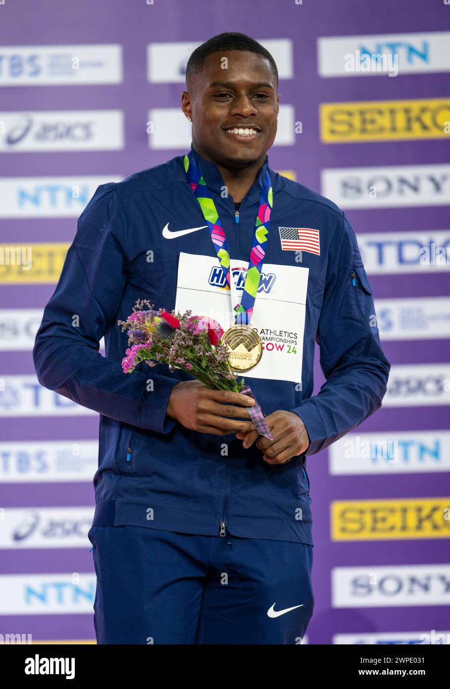 Christian Coleman degli Stati Uniti medaglia d'oro nei 60m maschili ai Campionati mondiali di atletica leggera indoor, Emirates Arena, Glasgow, Scozia Regno Unito. 1 Foto Stock
