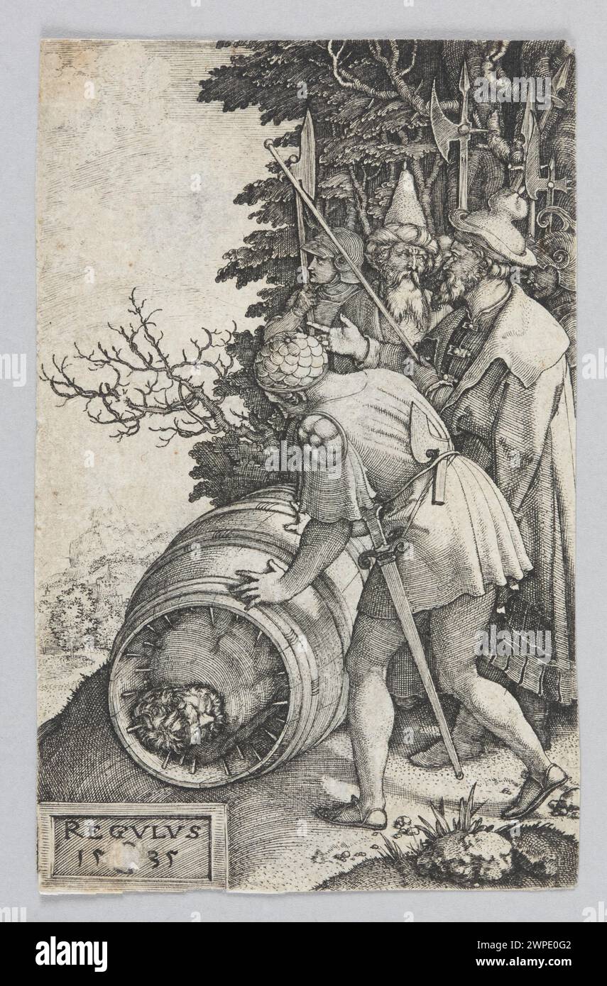 Incisione del 1535 di Georg Pencz raffigurante Regulus confinato in una botte, parte di stampe tedesche dell'inizio del XVI secolo. Foto Stock