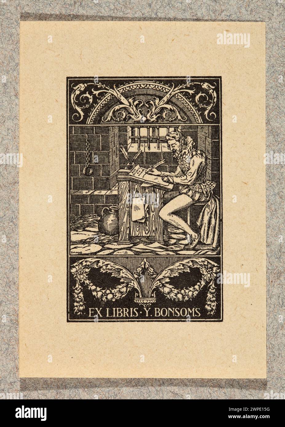 Ex Libris Y. Bonsoms; Triado, Mayol José (1870-1929); 1902 (1902-00-00-1902-00-00);Bonsoms e Sicart, Isidro (1849-1922), Bonsoms e Sicart, Isidro (1849-1922)-exlibris, Cervantes Saavydra, Miguel de (1547-1616), Don Chisciotte (lett.), Spagna, Partege Plus, Witke-Jeżewski , Dominik (1862-1944) - collezione, grafica spagnola, grafica catalana, spagnolo (cultura), invalidi, catalano (cultura), letteratura, modernismo (stile), vasi, ornamenti, ornamenti, scrittori, desktop (mobili), prigionieri, prigionieri, prigionieri, interni Foto Stock