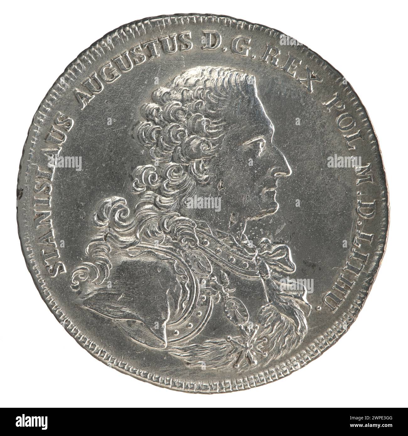 1766 tallero della corona coniato sotto il re Stanisław August Poniatowski da Fryderyk Wilhelm Sylm, con insegne reali e caratteristiche tipiche della moneta polacca del XVIII secolo. Foto Stock
