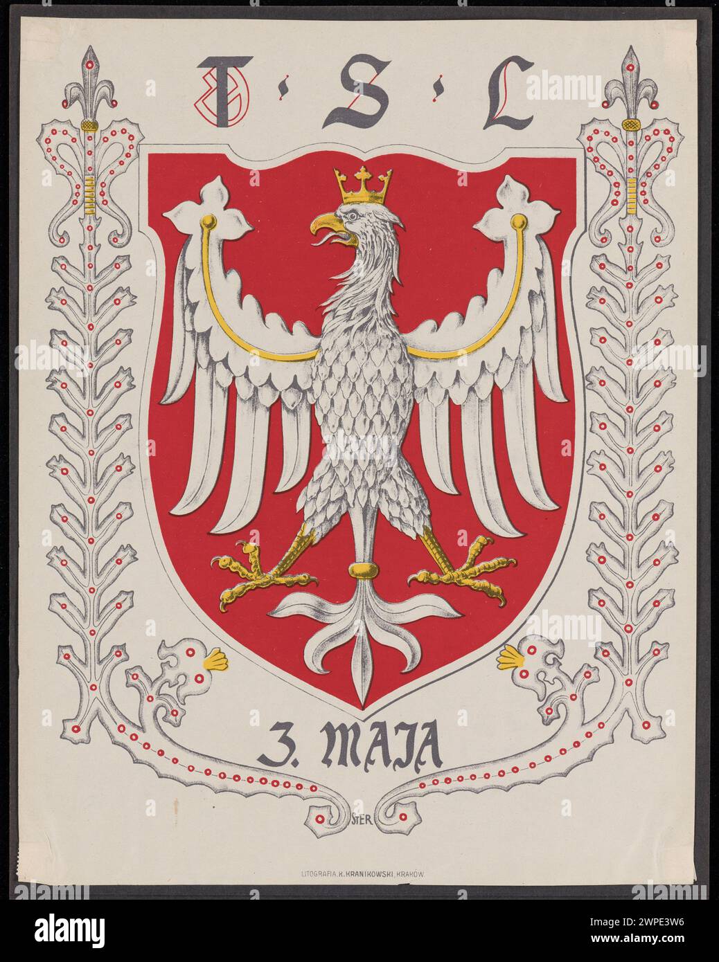 Questa stampa occasionale del 1915-1920 raffigura l'emblema polacco e l'iscrizione "T * S * L 3 May", prodotta da Karol Kranikowski, che rappresenta il simbolismo educativo e nazionale in Polonia. Foto Stock