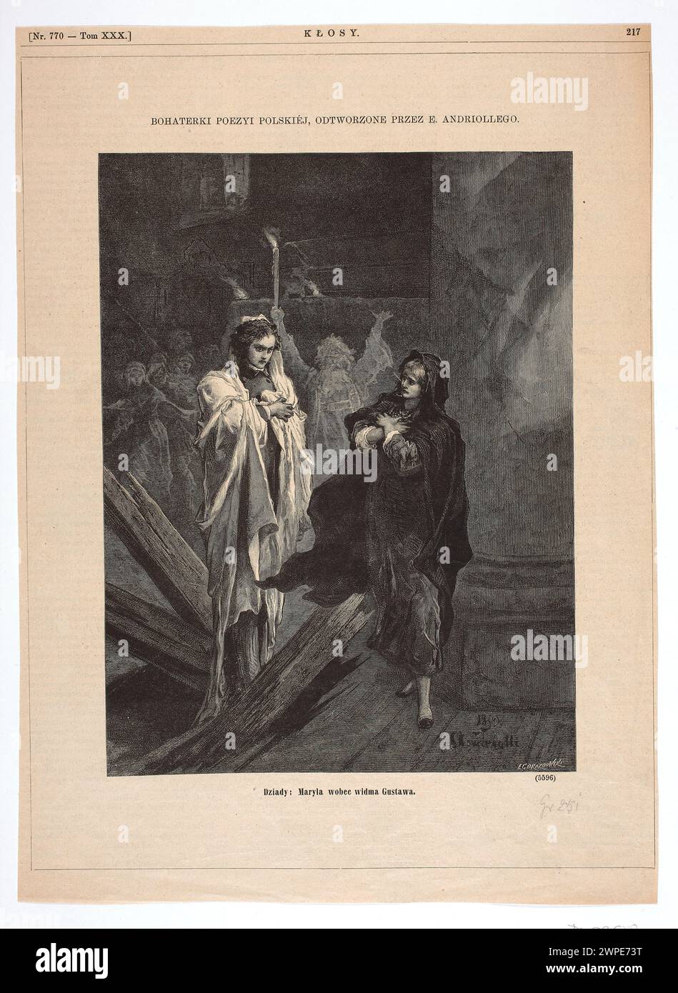 Micha Elwiro Andriolli, "Dziady: Maryla Towards Gustaw's Spectrum", illustrazione a "Dziady" di Adam Mickiewicz, 1879; dalla serie: "Heroines of Polish Poetry, Recreated by E. Andriolle"; Z: "K Osy" 1880 No. 770, p. 217; Gorazdowski, Edward (1843-1901), Andriolli, Micha Elwiro (1836-1893); 1880 (1880-00-00-1880-00-00-00);Kłosy (Varsavia - rivista - 1865-1890) - illustrazioni, Mickiewicz, Adam (1798-1855). Dziady, illustrazioni per opere letterarie, donne, pittura polacca, spettro Foto Stock