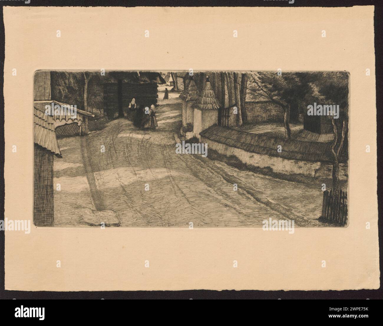 L'opera di Ignacy Care del 1903 raffigura una scena davanti a una chiesa in Polonia, che riflette lo stile della giovane Polonia e le tradizioni grafiche polacche. Foto Stock