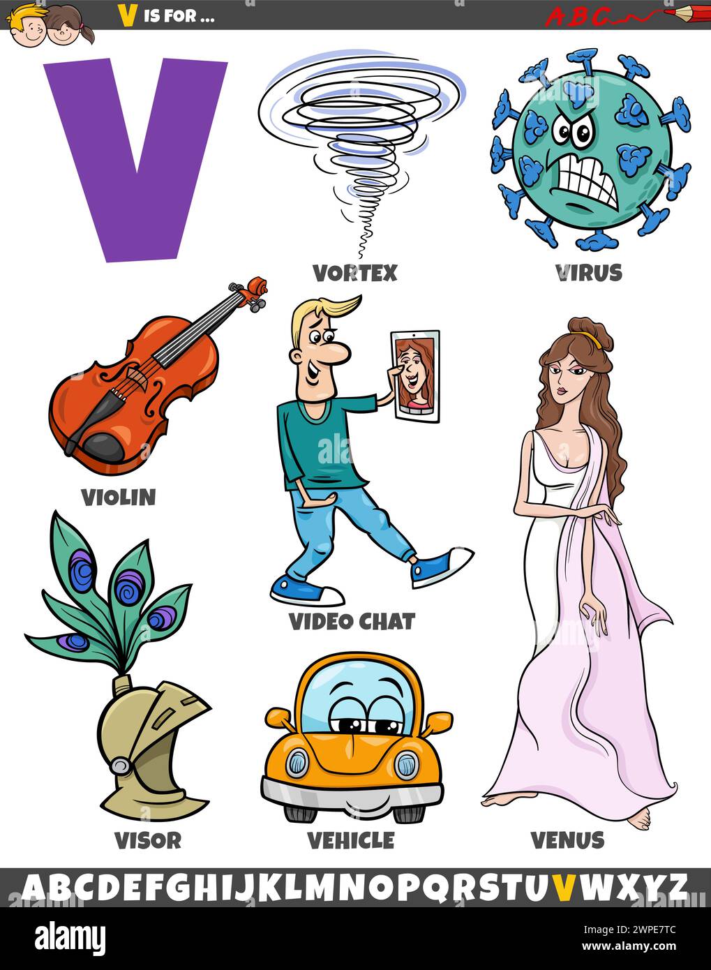 Illustrazione dei cartoni animati di oggetti e caratteri impostati per la lettera V. Illustrazione Vettoriale
