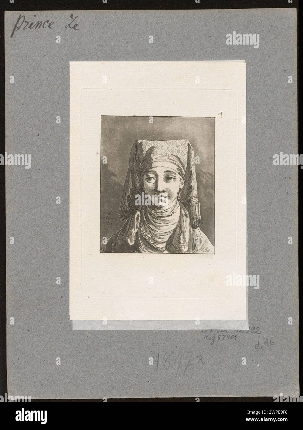 Ritratto frontale di una donna di Jean-Baptiste le Prince del 1768, parte di una serie di studi naturalistici sull'acconciatura. Foto Stock