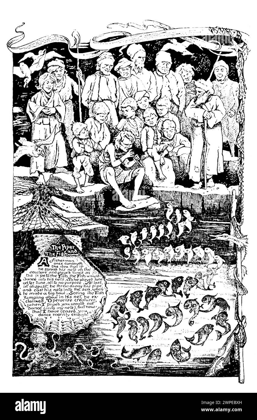 La linea Fables di The Piper and the Fish Aesop è illustrata dall'illustratrice Edith Mendham Foto Stock