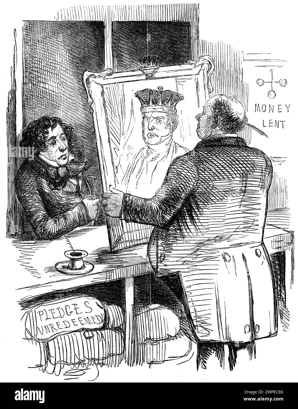 Il recente assurdo caso di pegno, cartone animato che mostra il cancelliere Benjamin Disraeli in pegno, promettendo ritratto del protezionista PM Lord Derby da 1 Foto Stock