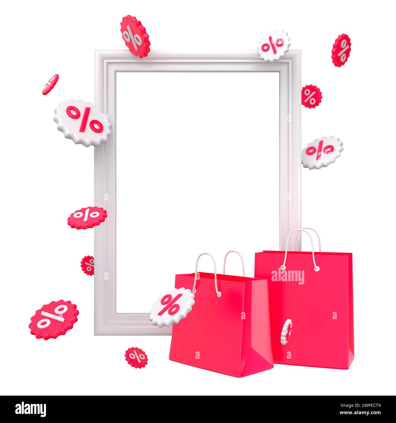 Cornice bianca con emblemi percentuali e sacchetti per vendite isolate. Offrire un modello promozionale. rendering 3d. Foto Stock