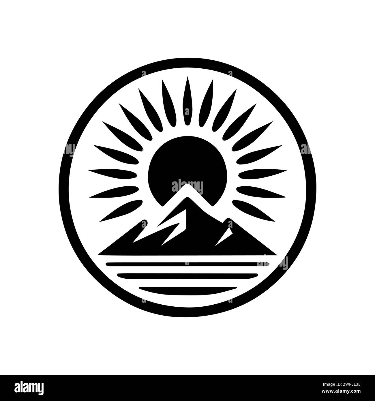 Icona Sunrise nera. Icona dell'alba o del tramonto sullo sfondo delle montagne. Illustrazione vettoriale Illustrazione Vettoriale