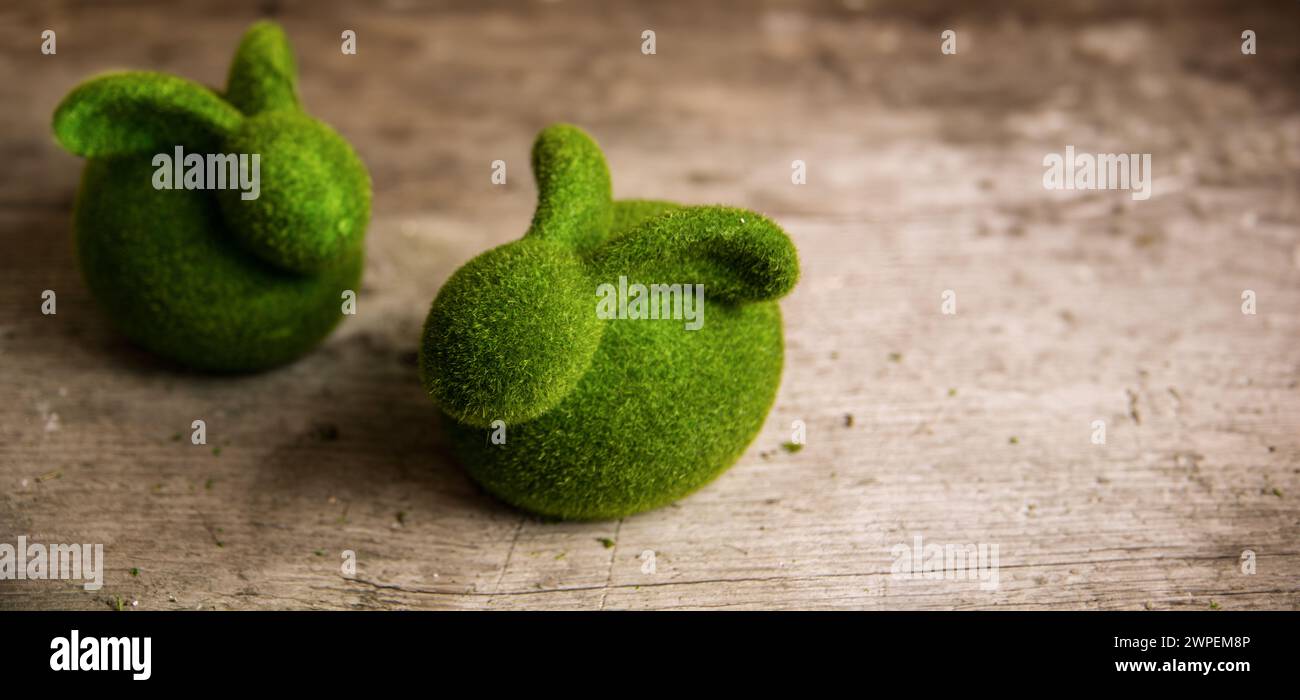Simpatici coniglietti fatti di muschio su una tavola di legno per Pasqua. Copia spazio. Foto Stock