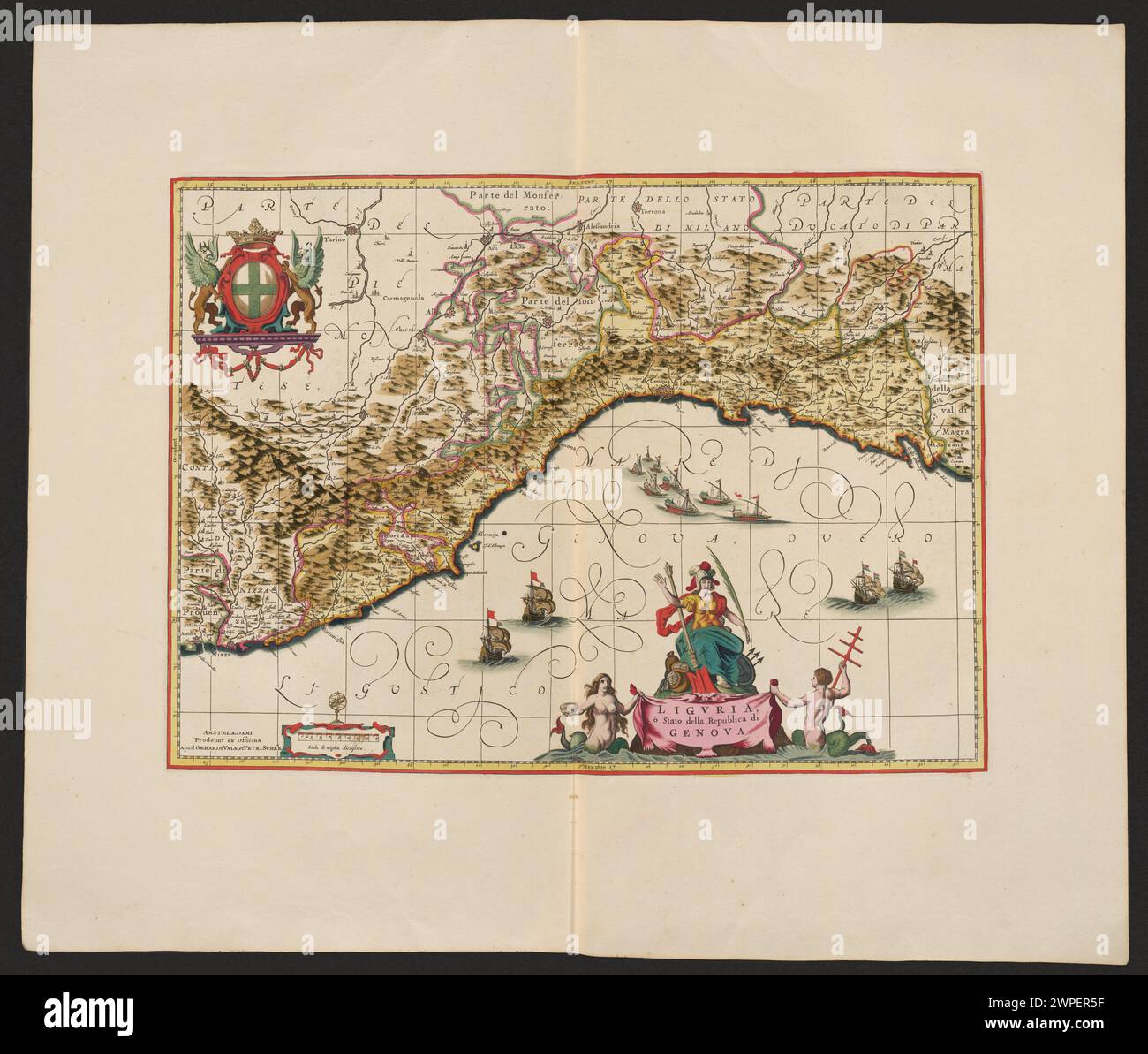 1711 mappa di Pieter Schenck e Gerard Valck che raffigura la Liguria e il territorio della Repubblica di Genova, con città costiere e caratteristiche geografiche. Foto Stock