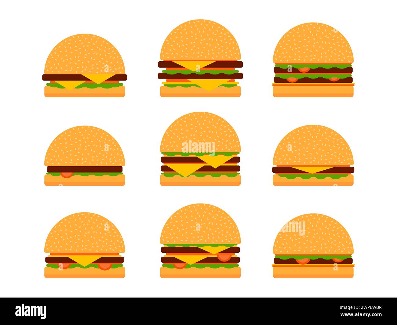 Set di icone Burger isolato su sfondo bianco. Collezione di icone di cheeseburger e hamburger. Cheeseburger con due cotolette. Bun con semi di sesamo, cu Illustrazione Vettoriale