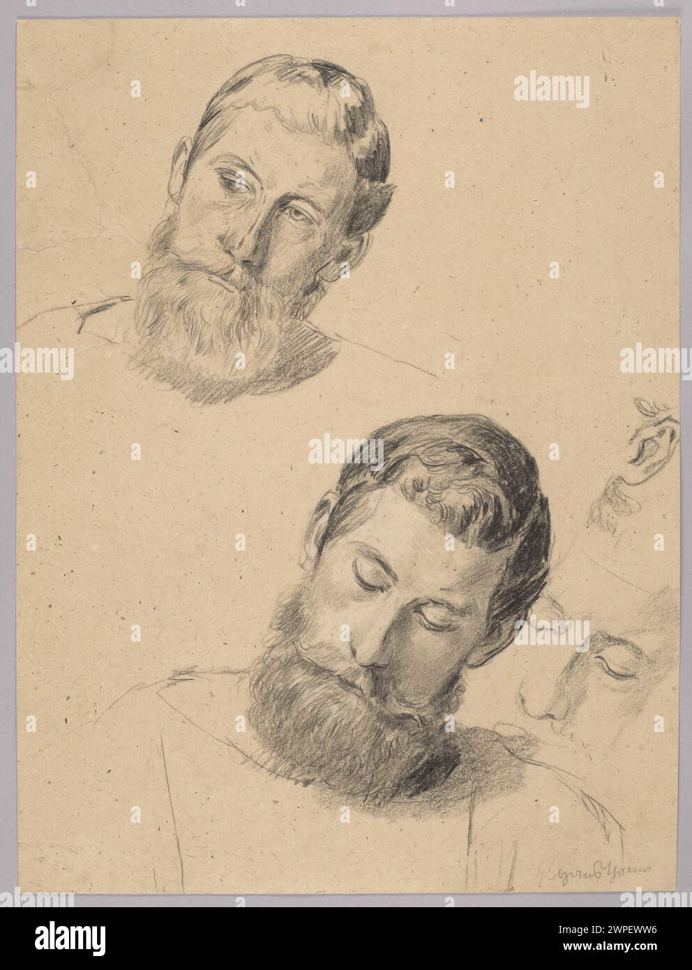 Serie di quattro studi su un uomo barbuto di Hans Thoma, creati tra il 1890 e il 1900, illustrando espressioni facciali e tecniche di ritratto. Foto Stock