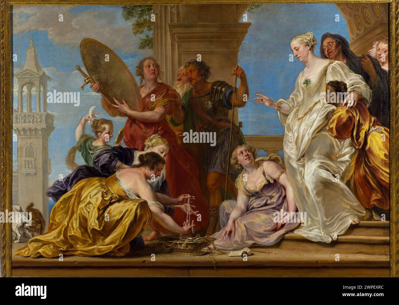 Achilles W famiglia delle figlie di Likomede; Boeckhorst, Jan (1604-1668); OK. PO. XVII secolo (1645-00-00-1650-00-00-00); Achille (Mitol.), Licomede (Mitol.), Ulisse (Mitol.), Ovidio naso, Publio (43 A.C.-CA 17). Metamorfosi, Papinio Stazio, Publio (43-96). Achilleis, gioielli, armi, armi bianche, pittura fiamminga, moda, paesaggi, scene mitologiche, costumi, costumi da donna, costumi da uomo, stili teatrali, teatro, acquisto (provenienza) Foto Stock