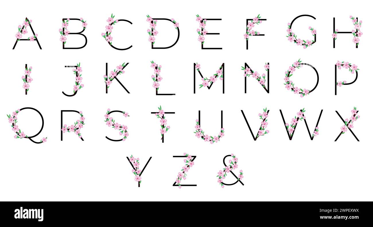 Piccolo alfabeto di fiori rosa Sakura per disegnare carte o inviti. Illustrazioni vettoriali, isolate su sfondo bianco per flor di ciliegio primaverile Illustrazione Vettoriale