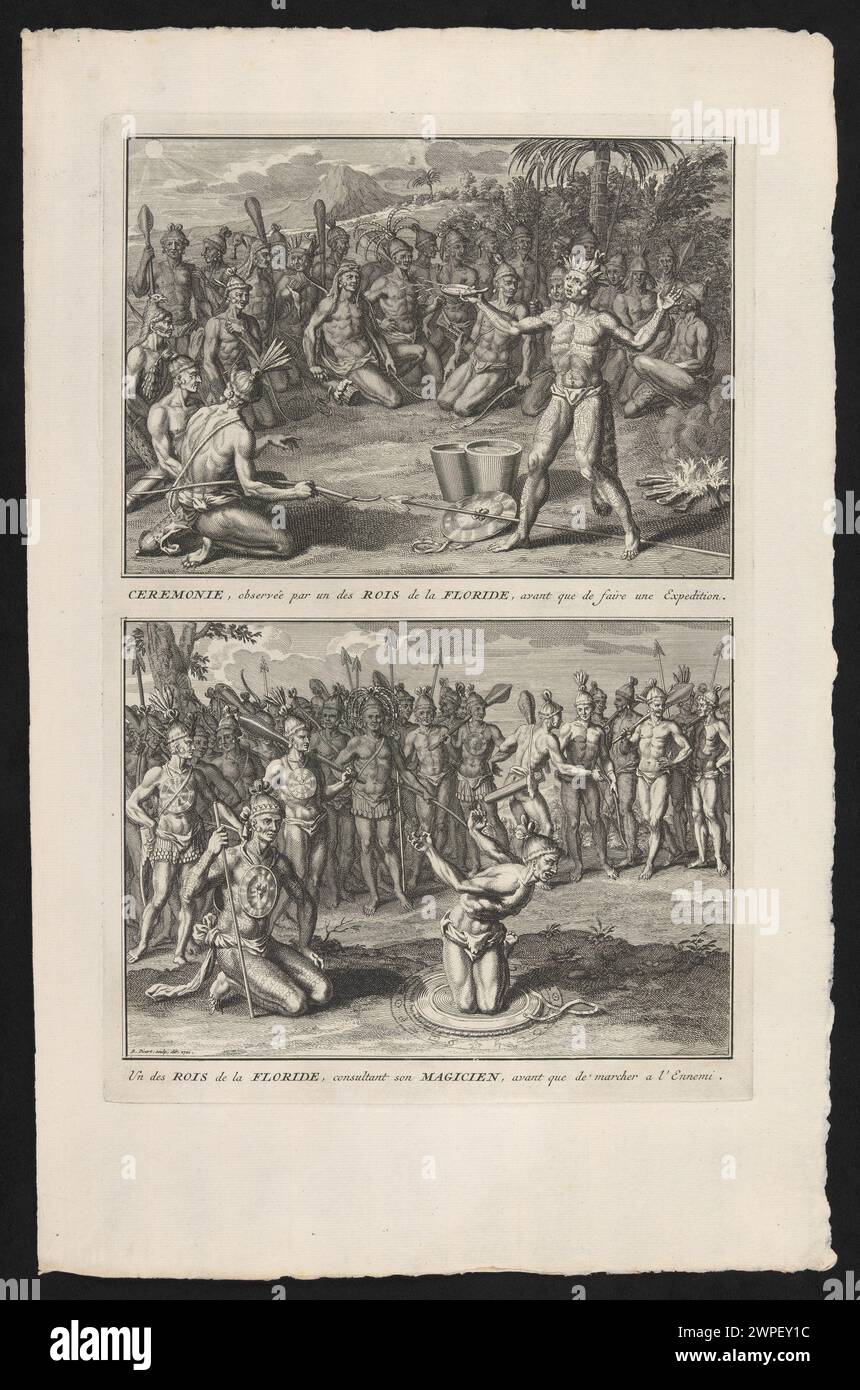 Due illustrazioni di Bernard Picart del 1721 che mostrano magiche cerimonie condotte da capi indiani in Florida prima della battaglia. Foto Stock