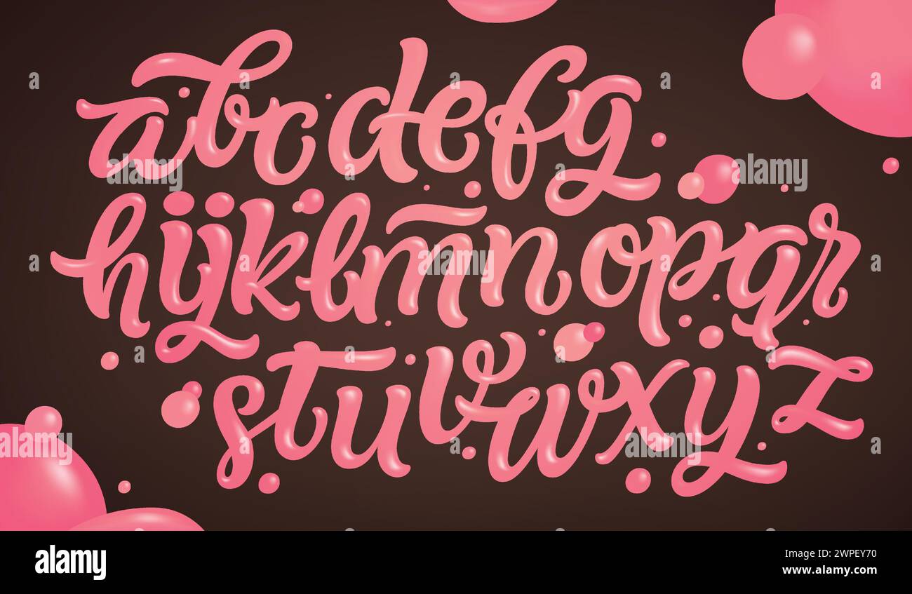 Set alfabeto Bubble Gum. Font rosa isolato su sfondo bianco. Lettere a mano per i disegni: Logo, confezione, confezione di gomma, carta, ecc. vettoriale. Illustrazione Vettoriale