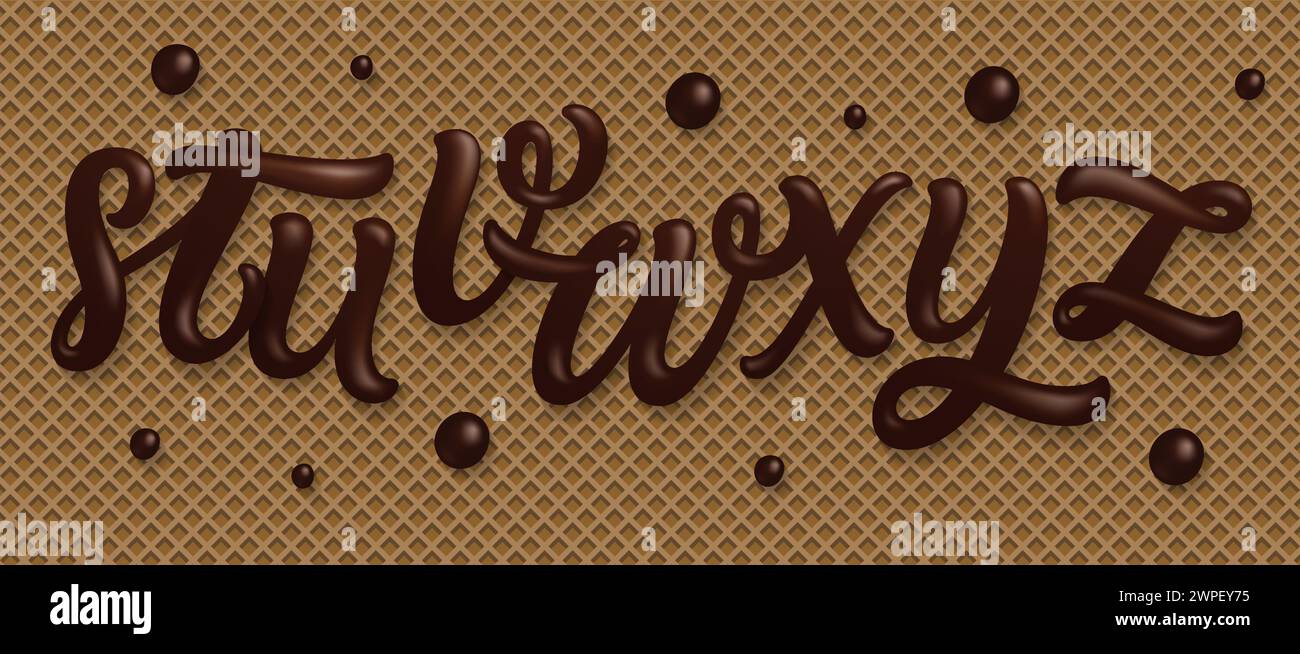 Alfabeto latino a base di cioccolato fondente con bordo. Font per la confezione di alimenti dolci. Stile font liquido. Illustrazione vettoriale. Illustrazione Vettoriale