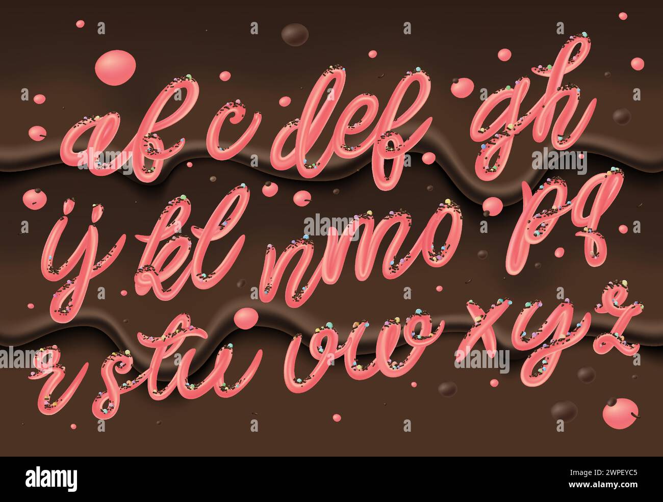Set alfabeto Bubble Gum. Font rosa isolato su sfondo bianco. Lettere a mano per i disegni: Logo, confezione, confezione di gomma, carta, ecc. vettoriale. Illustrazione Vettoriale