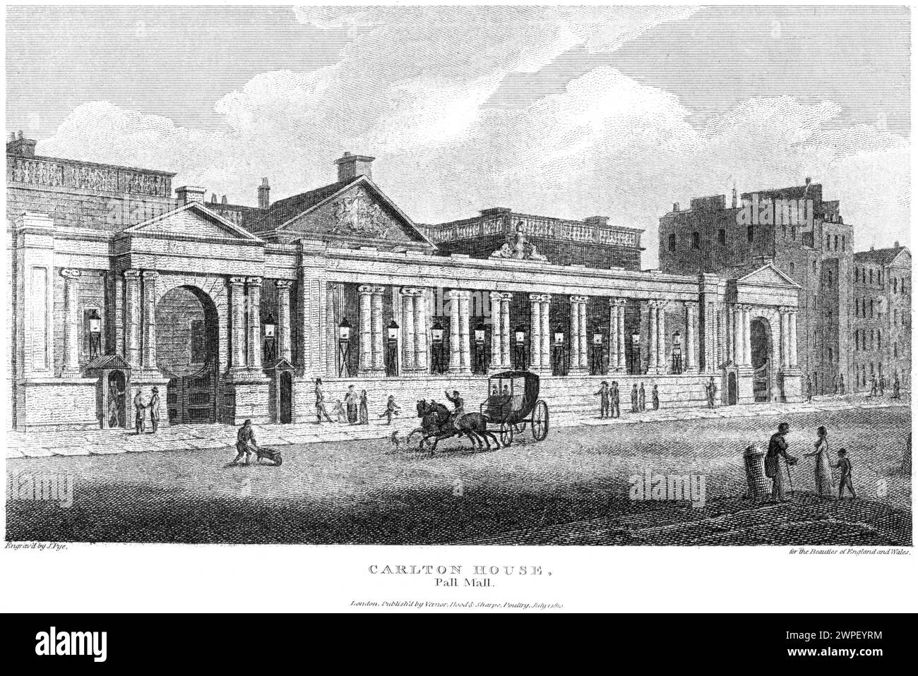Un'incisione intitolata Carlton House, Pall Mall, London UK scansionata ad alta risoluzione da un libro pubblicato intorno al 1815. Foto Stock