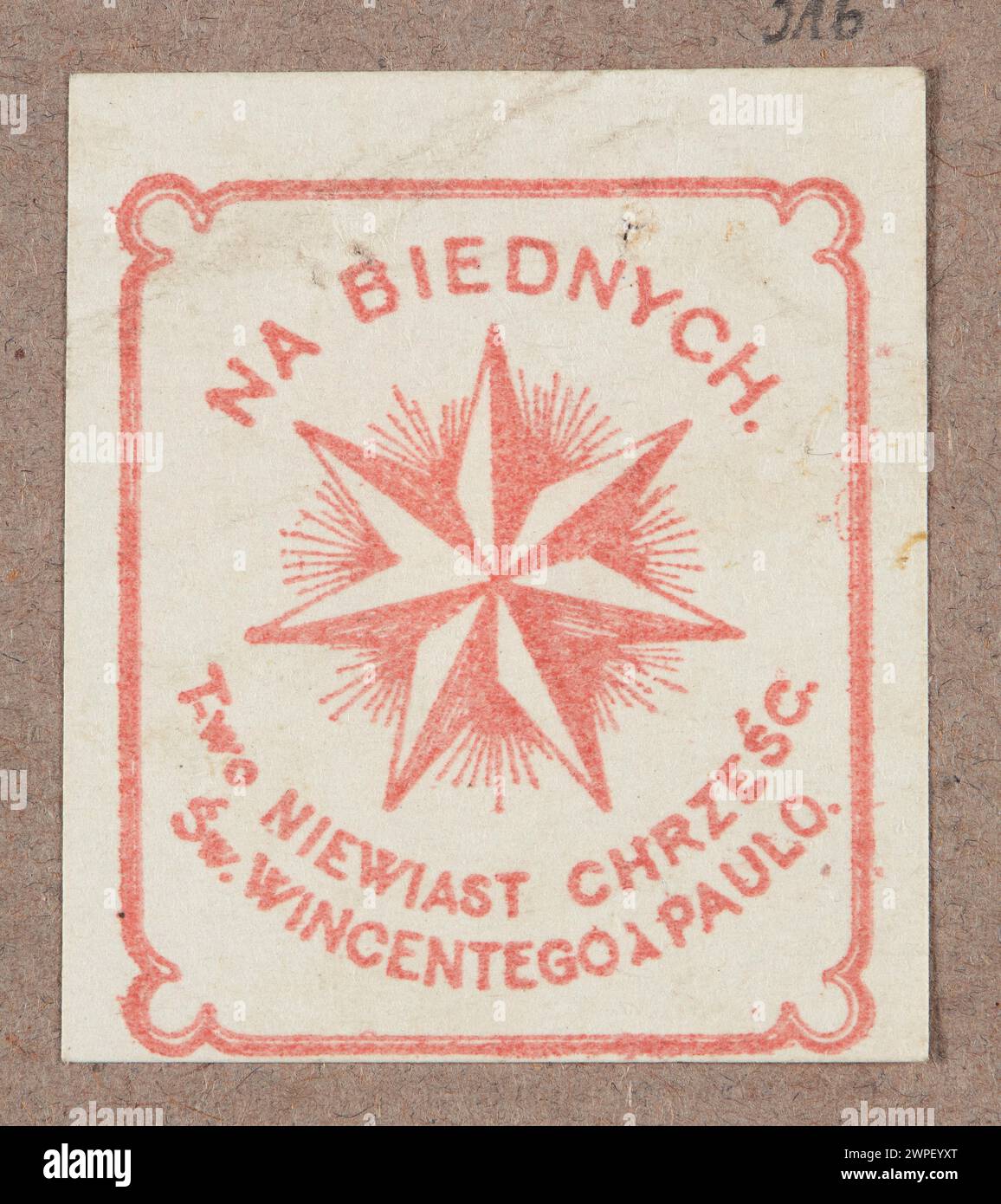Stampa di casi del 1914-1920 con stelle rosse e bianche con testo che si riferisce ad Aid for the Poor, pubblicato dalla PA Society Wincenty e Paulo. Foto Stock