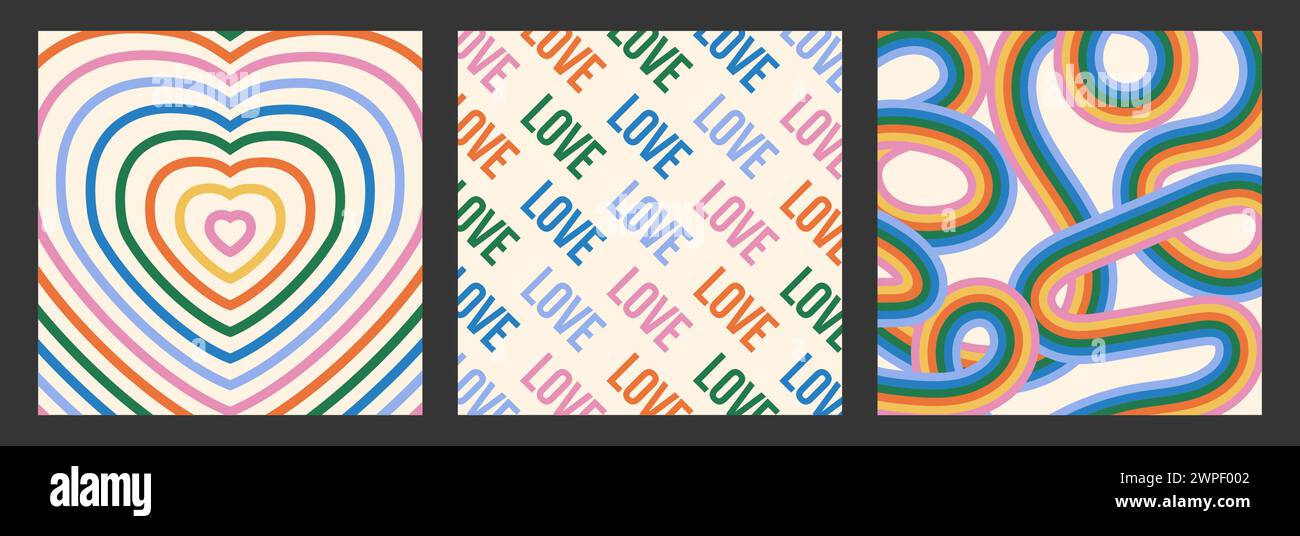 Set di striscioni quadrati astratti colorati e originali. Cuori color arcobaleno. L'amore per le parole si ripete in colori diversi. Scoiattoli o nastri di colore arcobaleno Illustrazione Vettoriale