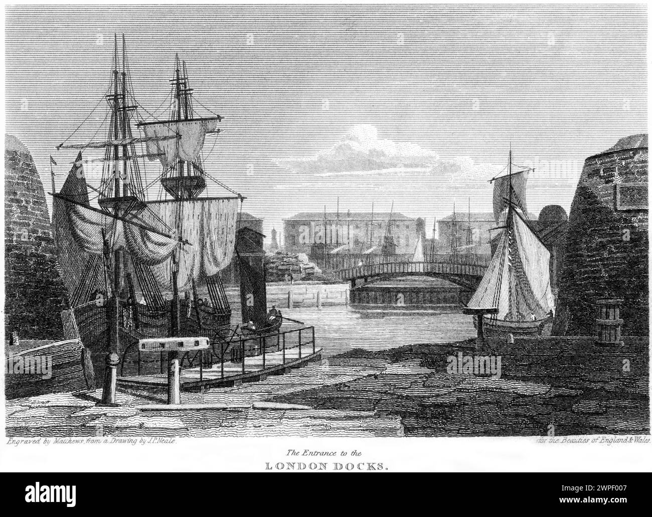 Un'incisione intitolata The Entrance to the London Docks UK scansionata ad alta risoluzione da un libro pubblicato intorno al 1815. Foto Stock