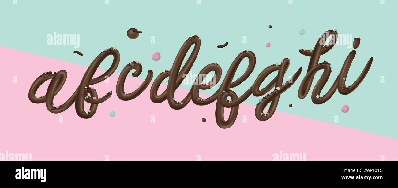 Alfabeto latino a base di cioccolato fondente con bordo. Font per la confezione di alimenti dolci. Stile font liquido. Illustrazione vettoriale. Illustrazione Vettoriale