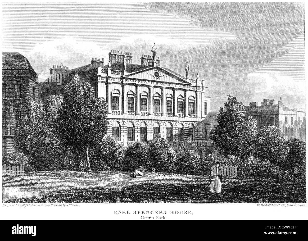Un'incisione intitolata Earl Spencers House, Green Park, London UK scansionata ad alta risoluzione da un libro pubblicato intorno al 1815. Foto Stock