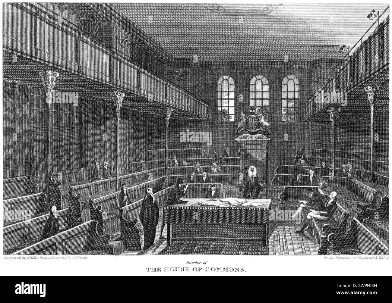 Un'incisione intitolata The Interior of the House of Commons, London UK scansionata ad alta risoluzione da un libro pubblicato intorno al 1815. Foto Stock