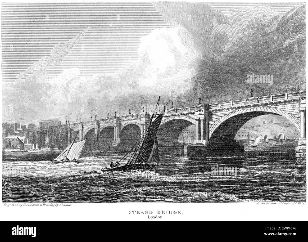 Un'incisione intitolata Strand Bridge (Waterloo Bridge), London UK scansionata ad alta risoluzione da un libro pubblicato intorno al 1815. Foto Stock
