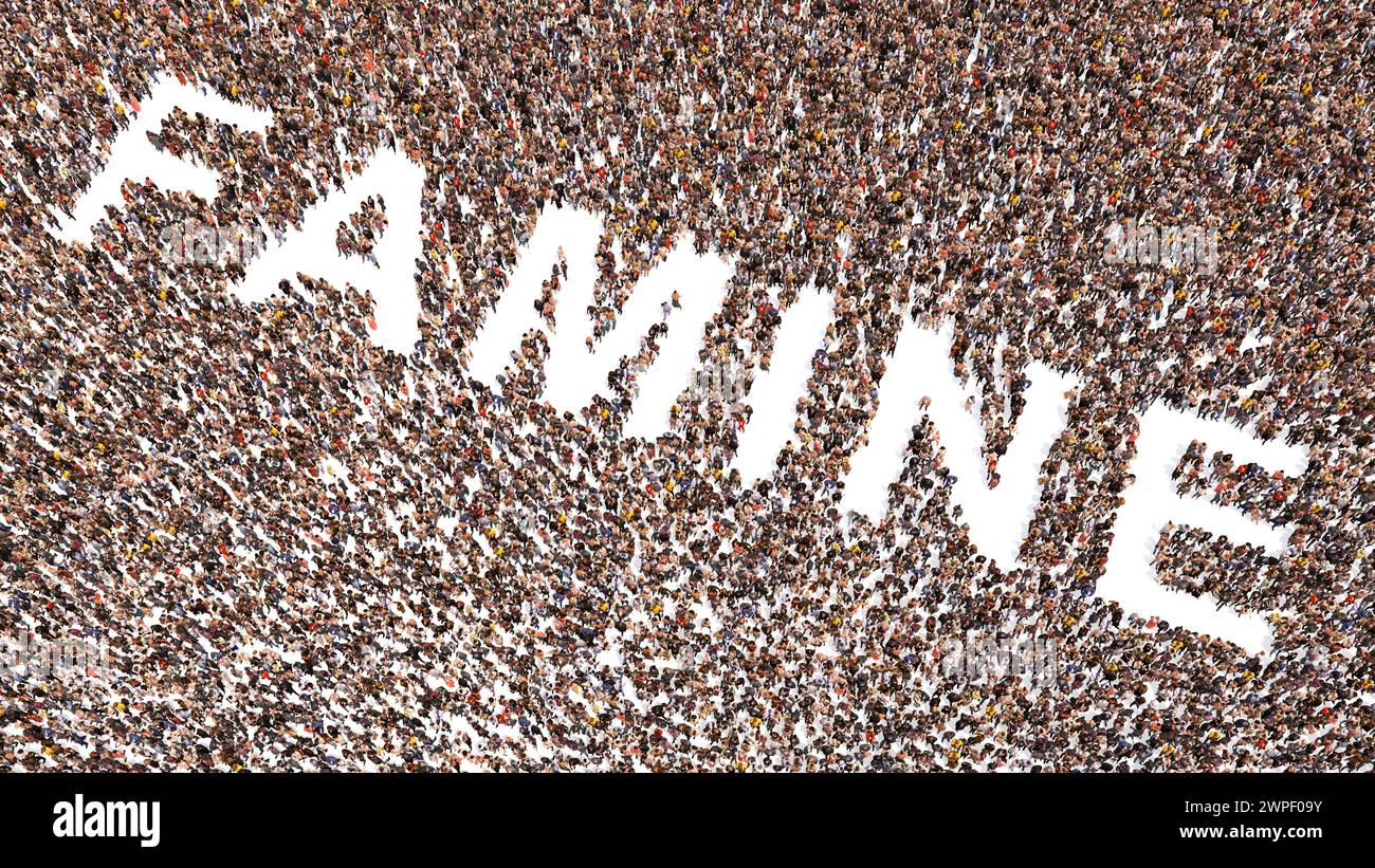Concetto concettuale grande comunità di persone che formano la parola CARESTIA 3D illustrazione metafora per la fame, la carenza di approvvigionamento di cereali, la siccità, l'acqua Foto Stock
