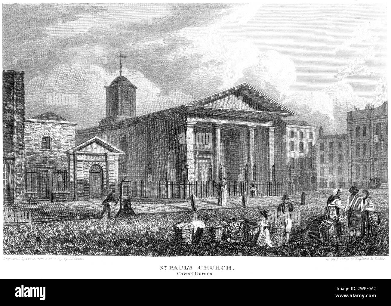 Un'incisione intitolata St Pauls Church, Covent Garden, London UK scansionata ad alta risoluzione da un libro pubblicato intorno al 1815. Foto Stock