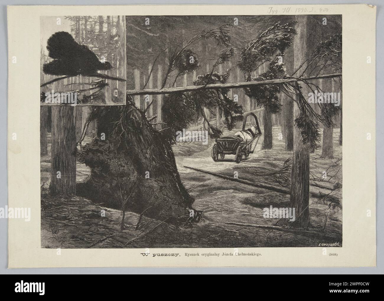 Illustrazione di un ambiente forestale con figure, vegetazione e animali di Józef Chełmoński, pubblicata nel 1890. Foto Stock