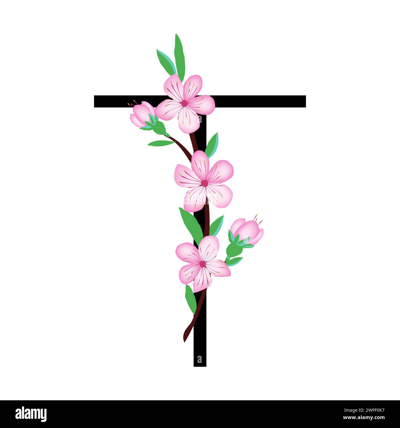 Piccolo alfabeto di fiori rosa Sakura per disegnare carte o inviti. Illustrazioni vettoriali, isolate su sfondo bianco per flor di ciliegio primaverile Illustrazione Vettoriale