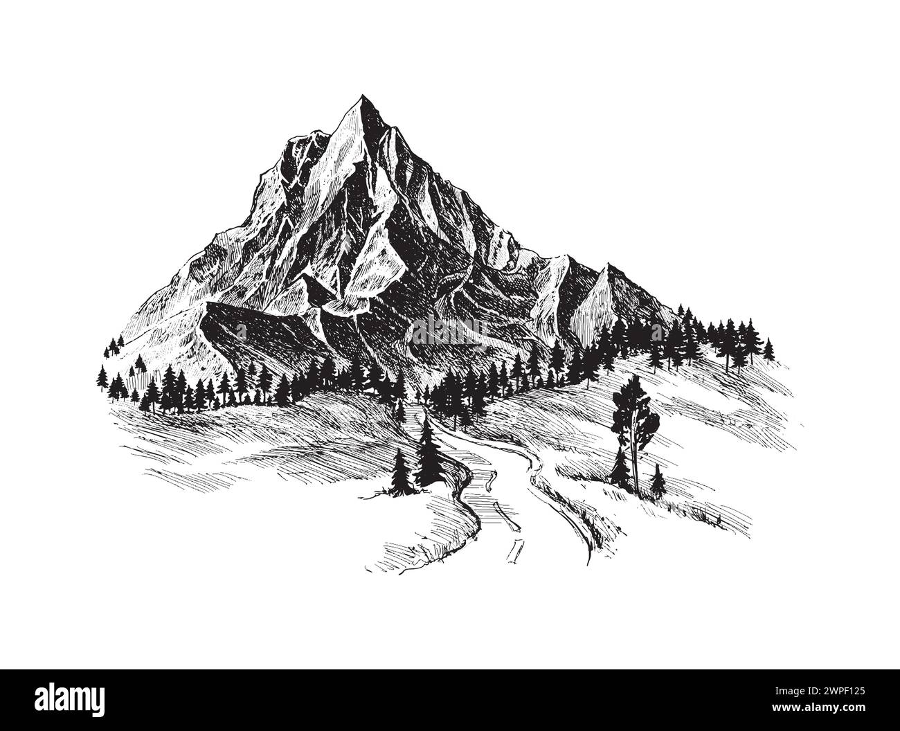 Montagna con pini e paesaggio nero su sfondo bianco. Picchi rocciosi disegnati a mano nello stile di schizzo. Illustrazione vettoriale. Illustrazione Vettoriale