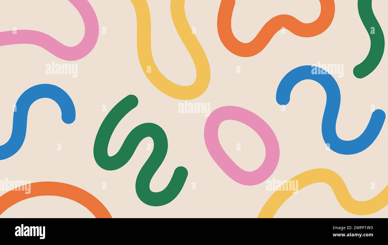 Divertente sfondo astratto con linee multicolore. Design Doodle con forme colorate e strisce disegnate a mano. Illustrazione Vettoriale