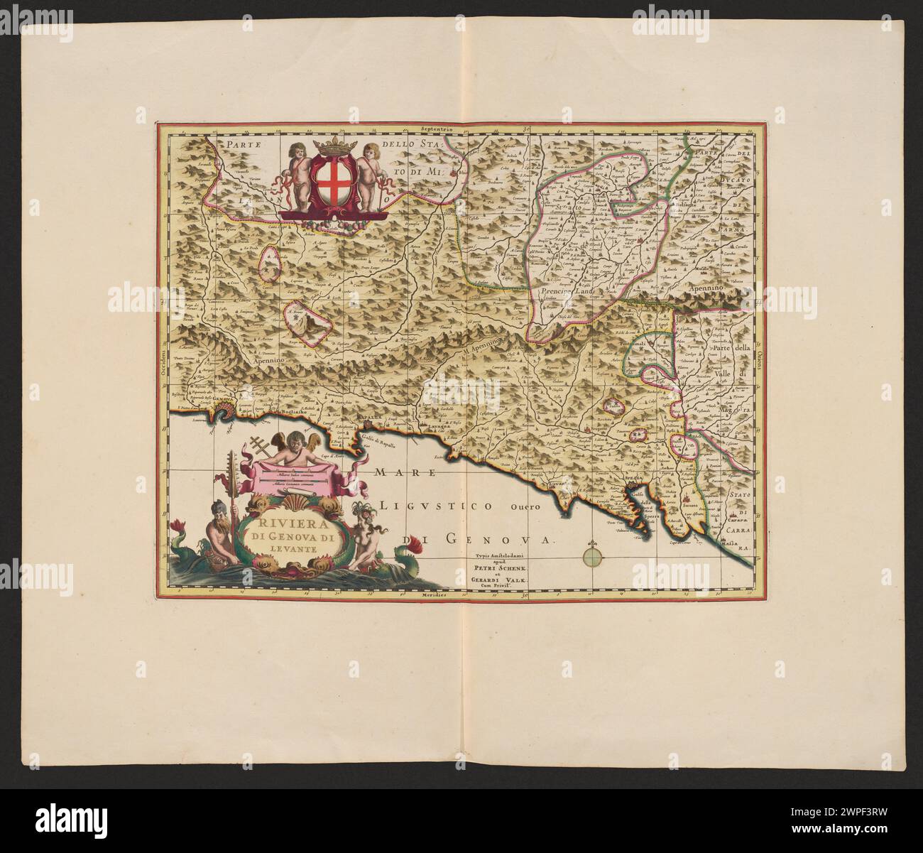 1711 mappa di Pieter Schenck e Gerard Valck che raffigura la riviera ligure orientale vicino a Genova, con città costiere, fiumi e confini politici. Foto Stock