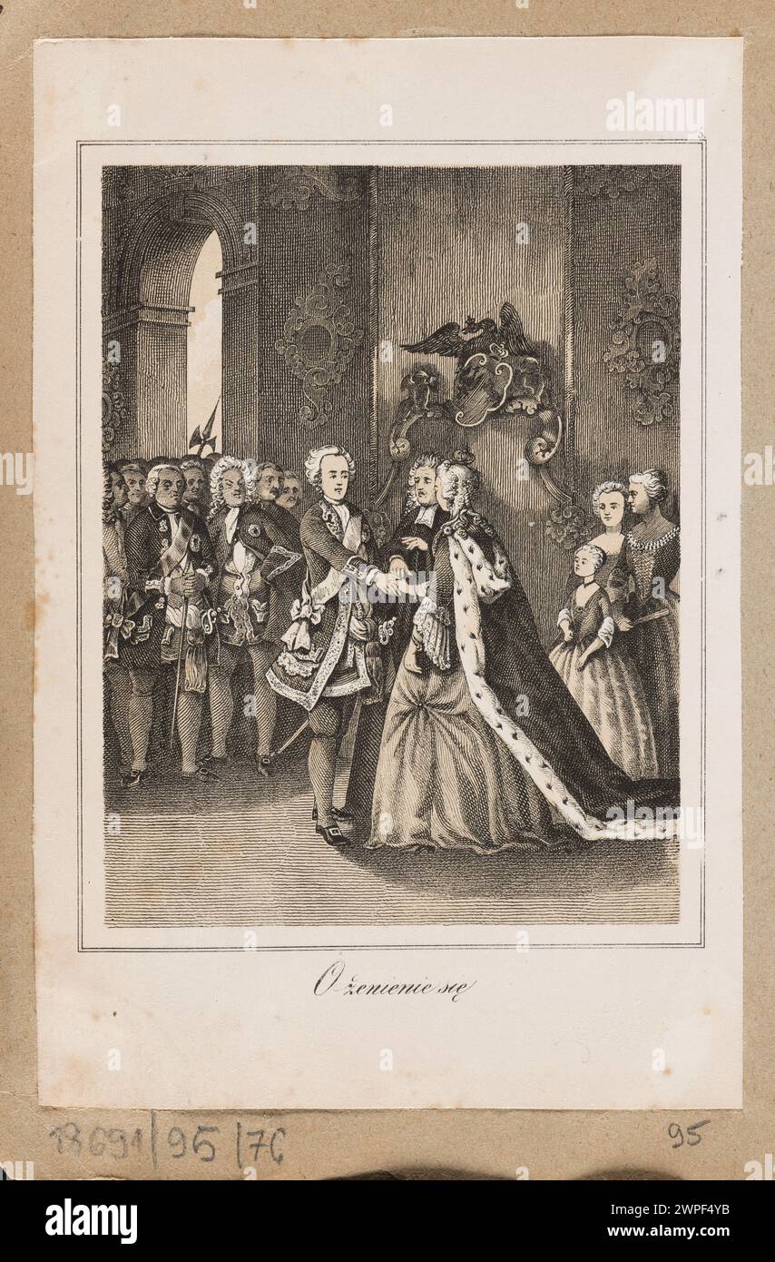 "Marrying" è una pubblicazione del 1854 di Samuel Orgelbrand e P. König a Varsavia, che rappresenta le opere stampate della metà del XIX secolo da case editrici polacche. Foto Stock