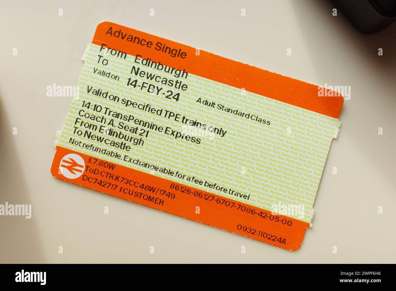 Edimburgo Regno Unito: 14 febbraio 2024 biglietto ferroviario da Edimburgo a Newcastle il giorno delle valenze TransPennine Express Foto Stock