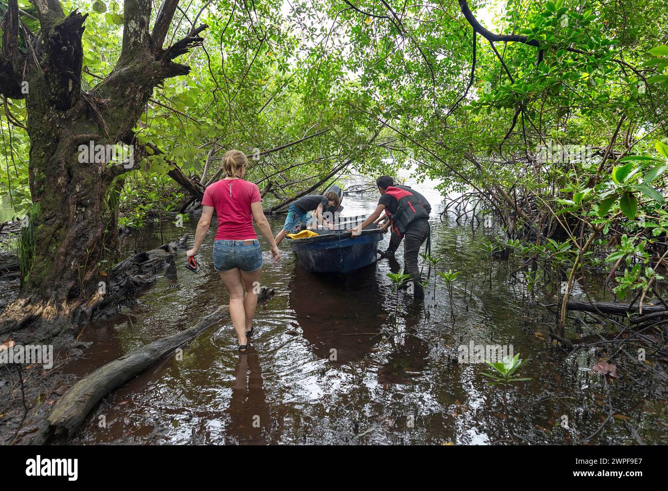 Uomo locale, guida turistica, in un tour con i turisti che preparano la barca nella foresta pluviale dell'isola Cristobal a Bocas del Toro, Panama Foto Stock