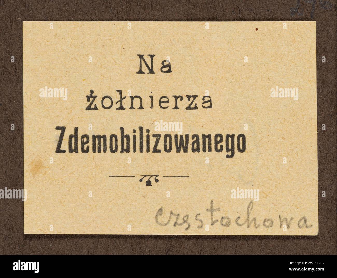 Stampa di case del 1920 che mostra il testo a sostegno di un soldato smobilitato, con elementi di design stampati. Foto Stock