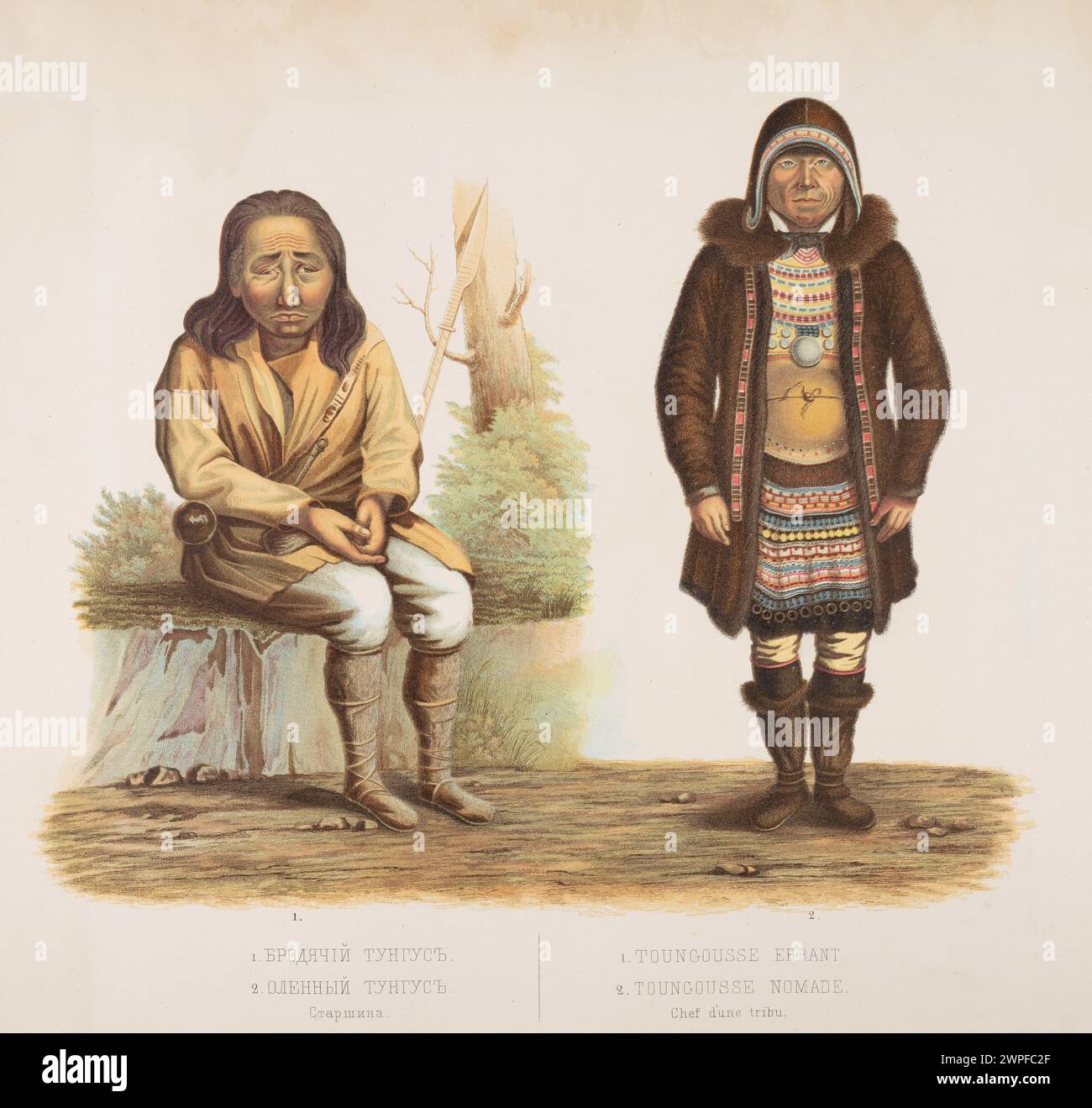 Illustrazione di un leader tribale Tunguz e di un allevatore nomade di renne dalla Siberia orientale, creato intorno al 1856, che mostra abbigliamento tradizionale e pratiche culturali, da un album etnografico raccolto da Maria Celestyna Boczkowska. Foto Stock