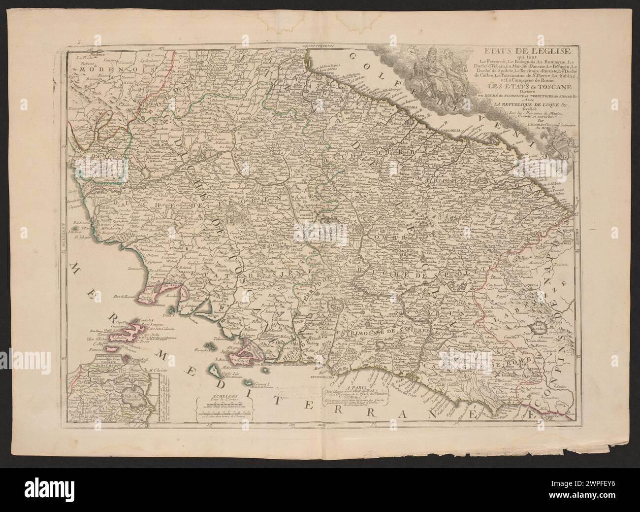 Una mappa colorata del 1763 di Jean Beaurain raffigurante lo Stato Pontificio, tra cui Ferrara, Bologna, Romagna, il Ducato di Urbino, Ancona, Perugia, Spoleto, Orvieto, Castro, e San Pietro, con territori toscani e la Repubblica di Lucca, stampati su carta e misura 47,3 x 64,3 cm. Foto Stock