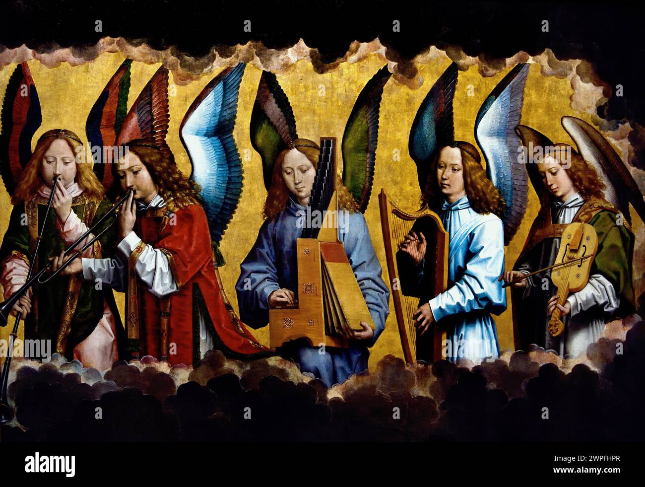 God the Father with Singing and Music-making Angels Hans Memling ( Memlinc ) 1430 – 1494 German Germany 1483-1494 Royal Museum of fine Arts, Anversa, Belgio, Belgio. Hans Memling (c. 1430–1494) è stato un pittore fiammingo della prima tradizione fiamminga, noto per le sue opere religiose e per i ritratti rivoluzionari della classe mercantile emergente, che ha portato la sua reputazione internazionale e influenza in Italia. Fu un artista di successo che fu tra i cittadini più ricchi della città di Bruges alla sua morte Foto Stock