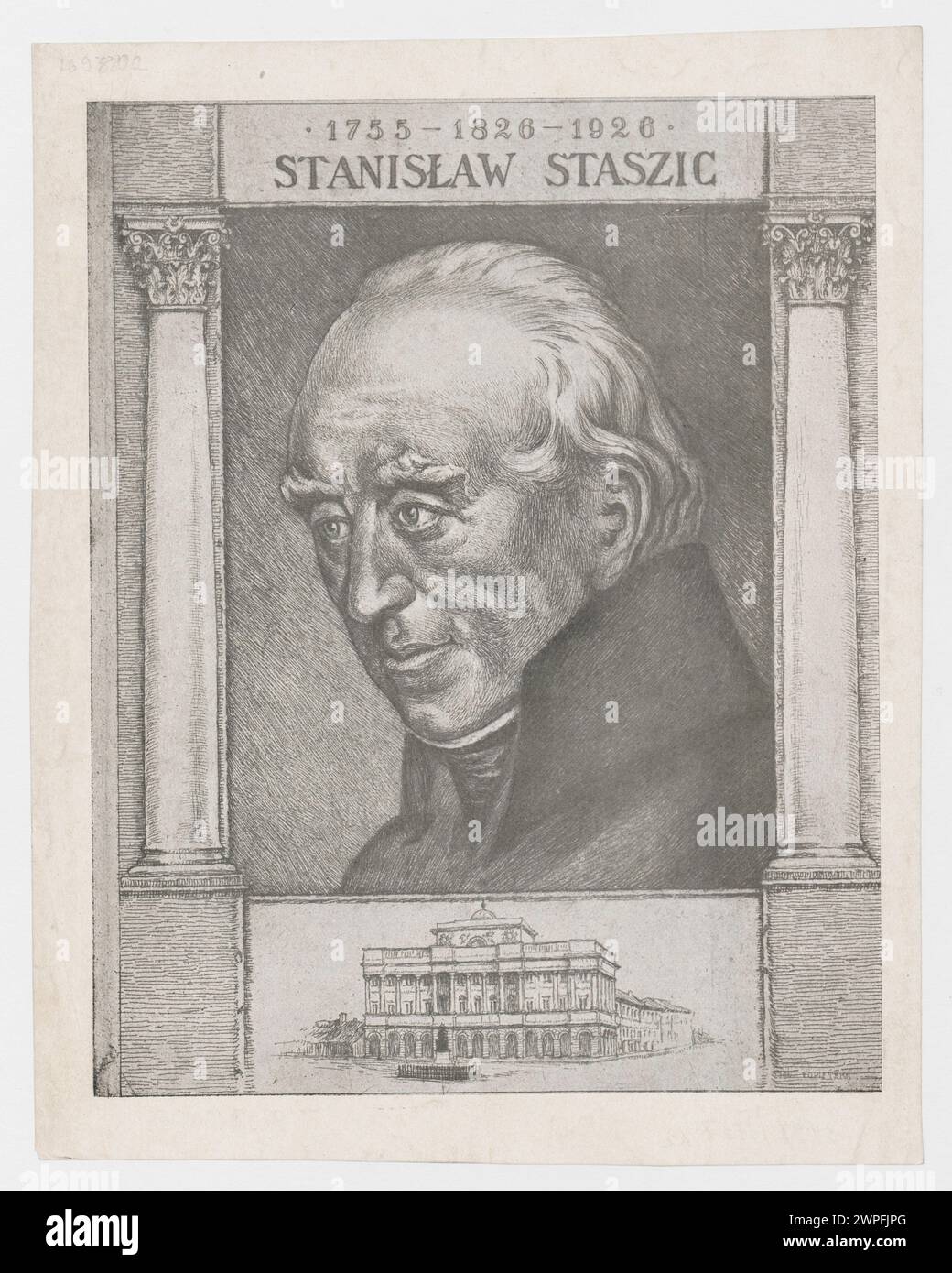 Ritratto di Stanis Aw Staszica con vista di Pał Staszic a Varsavia; sconosciuto, SCI, Ignacy (1865-1941); 1926 (1926-00-00-1926-00-00); Krakowskie Przedmieście (Varsavia - via), Nowy Świat (Varsavia - via), Palazzo Staszica (Varsavia), Staszic, Stanisław (1755-1826), Staszic, Stanisław (1755-1826) - iconografia, Varsavia (Voivodato della Masovia), grafica Polonia, colonne (archite. Foto Stock