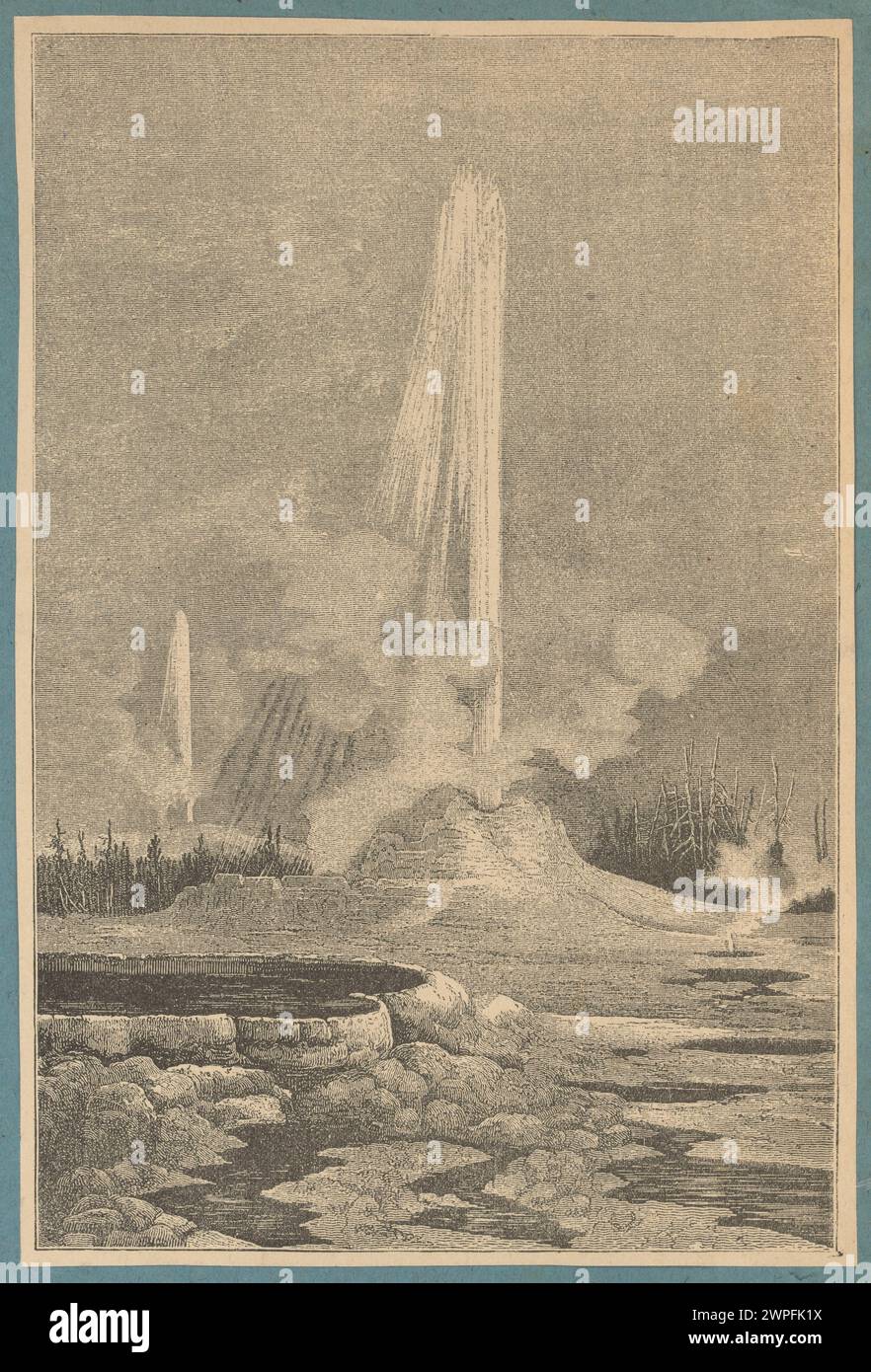 Illustrazione che raffigura geyser naturali in eruzione, con paesaggi circostanti e formazioni d'acqua, datati tra il 1880 e il 1900. Foto Stock